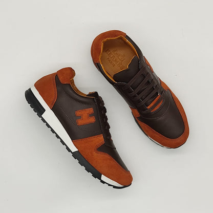 Sneakers daim cuir bimatière - coloris rouille et brun