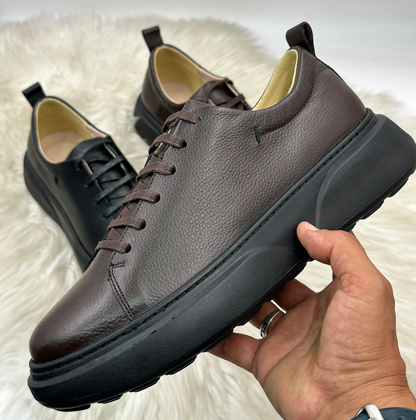 Sneakers cuir grainé semelle plateforme - coloris brun